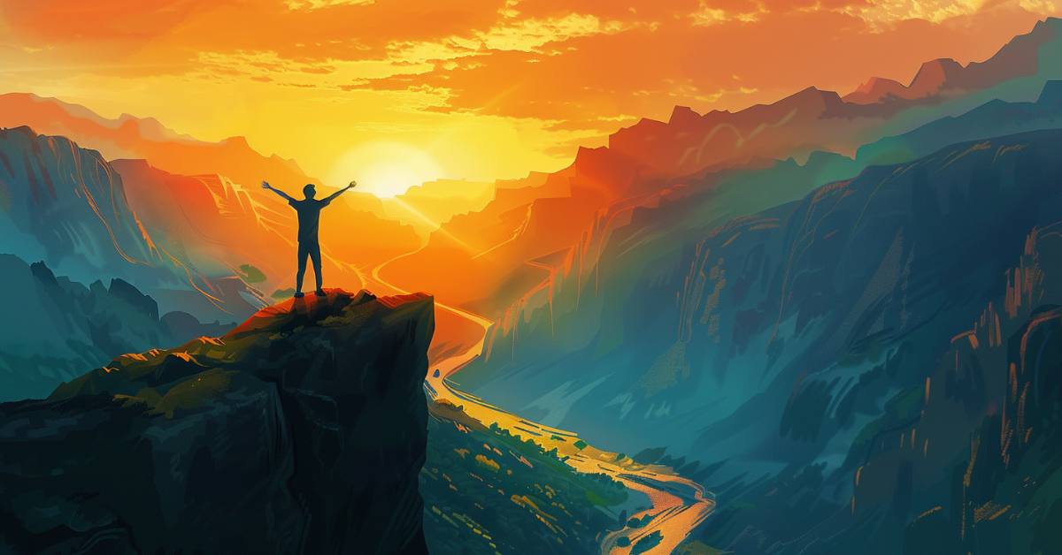 Person standing at a mountain cliff at sunrise, arms outstretched, symbolizing empowerment and making the most out of life.