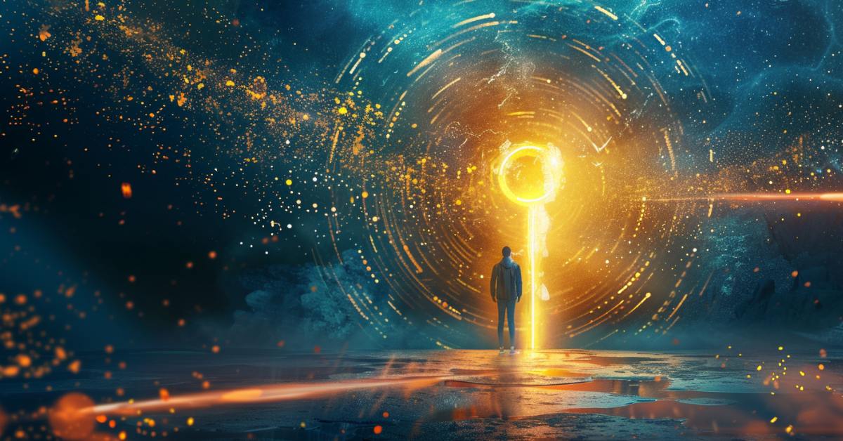 A dynamic image depicting a figure standing before a massive, glowing keyhole, symbolizing the gateway to unlocking full potential. The scene is filled with vibrant energy, light beams, and abstract elements representing success and productivity.