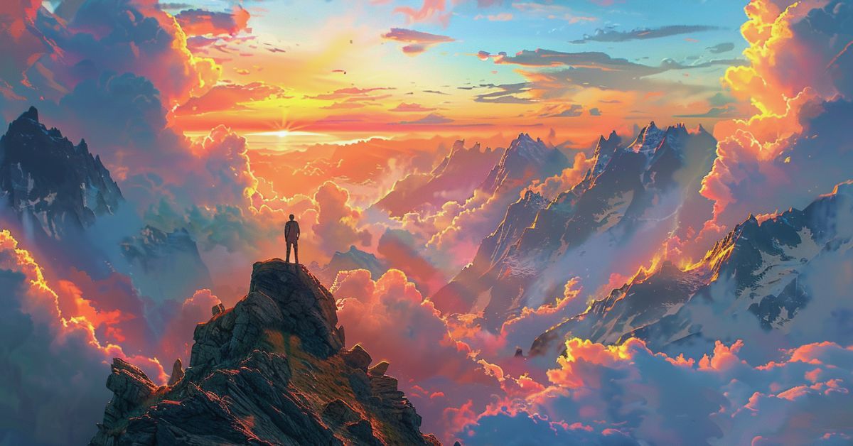 A confident person stands triumphantly on a mountain peak at sunrise, symbolizing the transformative power of a positive mindset in achieving dreams, with vibrant rays of sunlight breaking through the clouds