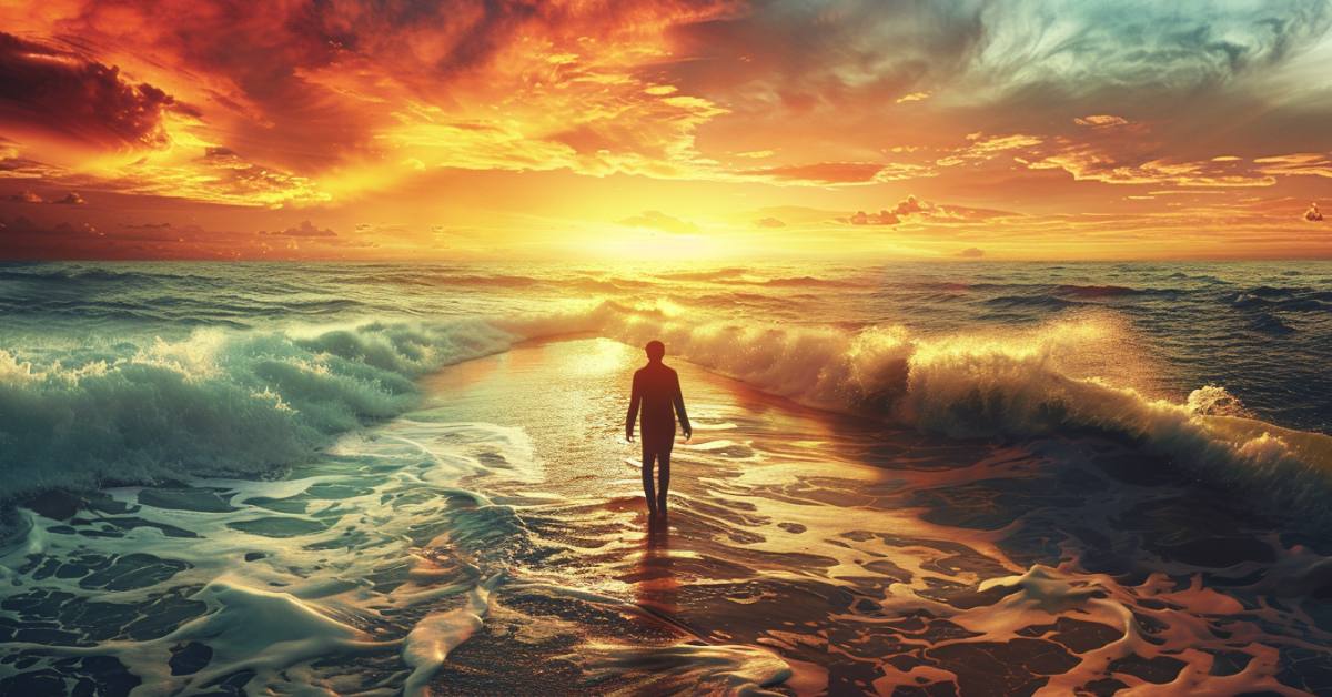 A person stands at the edge of a vast ocean, gazing towards a radiant sunrise on the horizon. Waves symbolize life's challenges and opportunities, with a glowing path guiding the person forward, representing the journey of finding one's purpose.