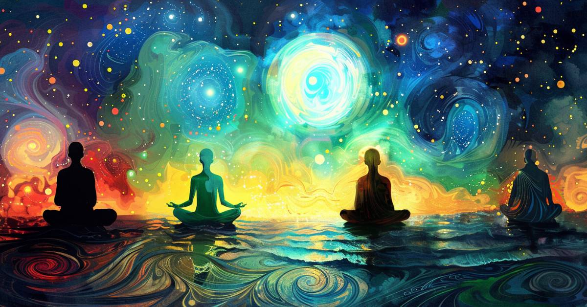 A diverse group of individuals meditate peacefully, surrounded by a soft glow that symbolizes mental clarity and emotional stability. The scene contrasts the calmness of meditation with the chaotic energy of the modern world in the background