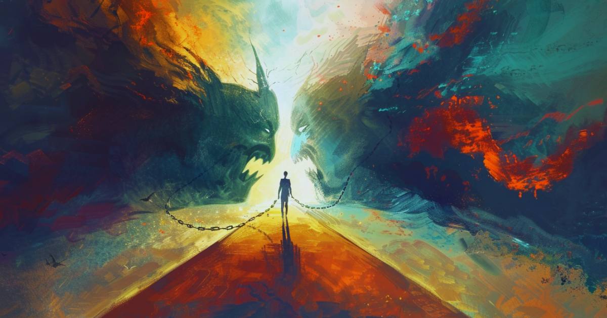 A figure at a crossroads breaks free from chains, facing a choice between a shadowy devil-like figure and a bright, illuminated path, symbolizing the battle between fear and purpose.