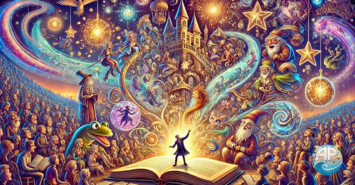 A vibrant and animated cartoon-style depiction of The Art of Storytelling. A whimsical storyteller sits atop a giant open book, weaving golden story threads that transform into floating illustrations of adventures, mythical creatures, and cosmic landscapes. The audience, a mix of enchanted beings, talking animals, and wide-eyed humans, watches in awe as the magic of storytelling unfolds.