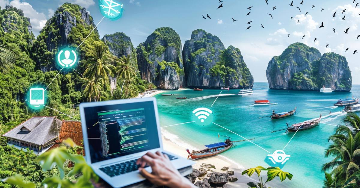 A vibrant collage depicting the essence of starting an online business in Thailand, featuring a laptop with a digital marketing dashboard, tropical landscapes, Thai cultural symbols, and icons of e-commerce and digital entrepreneurship.