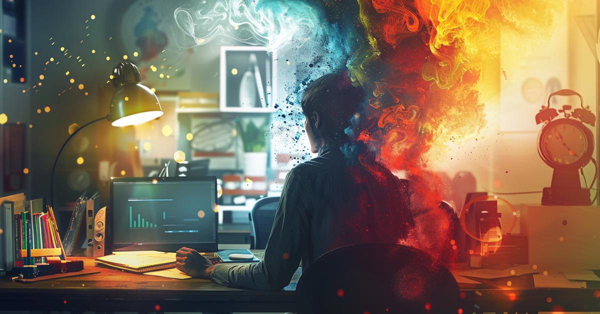 A person joyfully working, surrounded by a glowing light, symbolizing fulfillment. The background transitions from a dull office to a colorful, lively environment filled with creative tools, illustrating a journey Fueled By Passion.