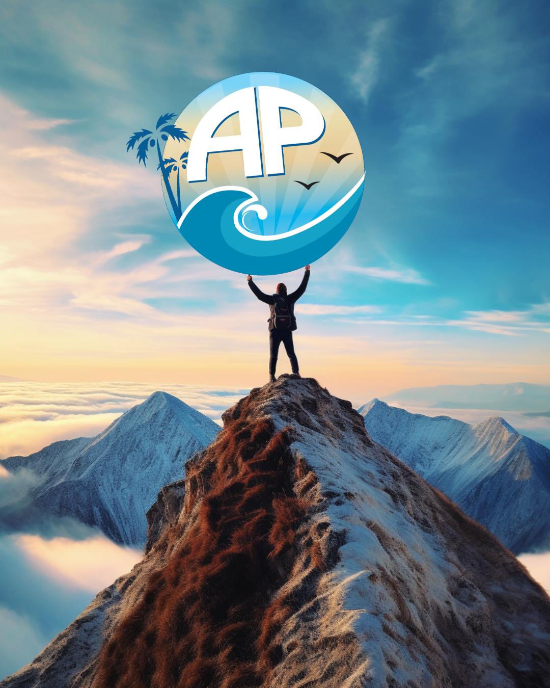 Dynamic image of a man standing triumphantly on top of a mountain with his hands raised, holding up a brand logo against a vibrant sky, symbolizing achievement and success.