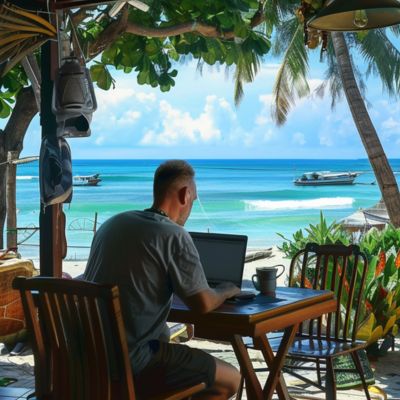 A man working on his online business with a laptop at a beach cafe, surrounded by tropical plants, palm trees, and the ocean in the background.