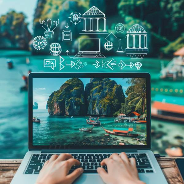 A man the Ultimate Freedom Blueprint on a laptop while sitting outdoors with a stunning ocean backdrop. The scene captures the essence of digital nomadship in Southeast Asia, with a peaceful, tropical environment that contrasts with the typical office setting.