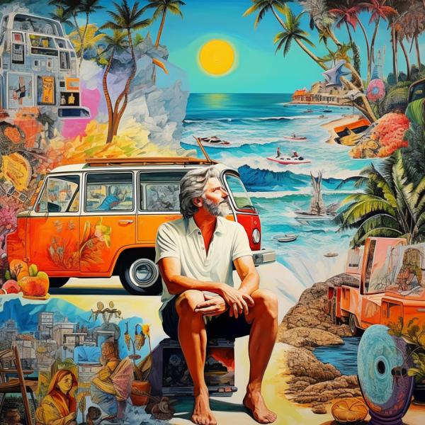 Digital nomad sits deep in thought, reflecting on embracing uncertainty. The image is a collage featuring a vintage combi van and a serene beach in the background, symbolizing the freedom and unpredictability of the nomadic lifestyle.