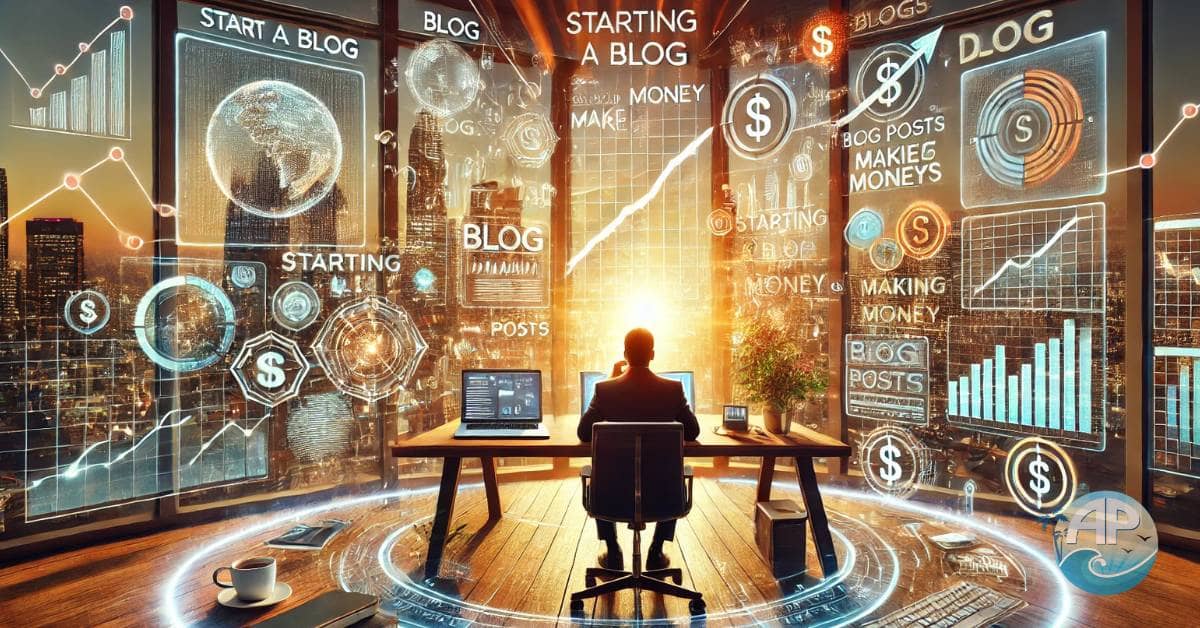 Starting a blog and making money – a futuristic workspace with holographic screens and digital tools.