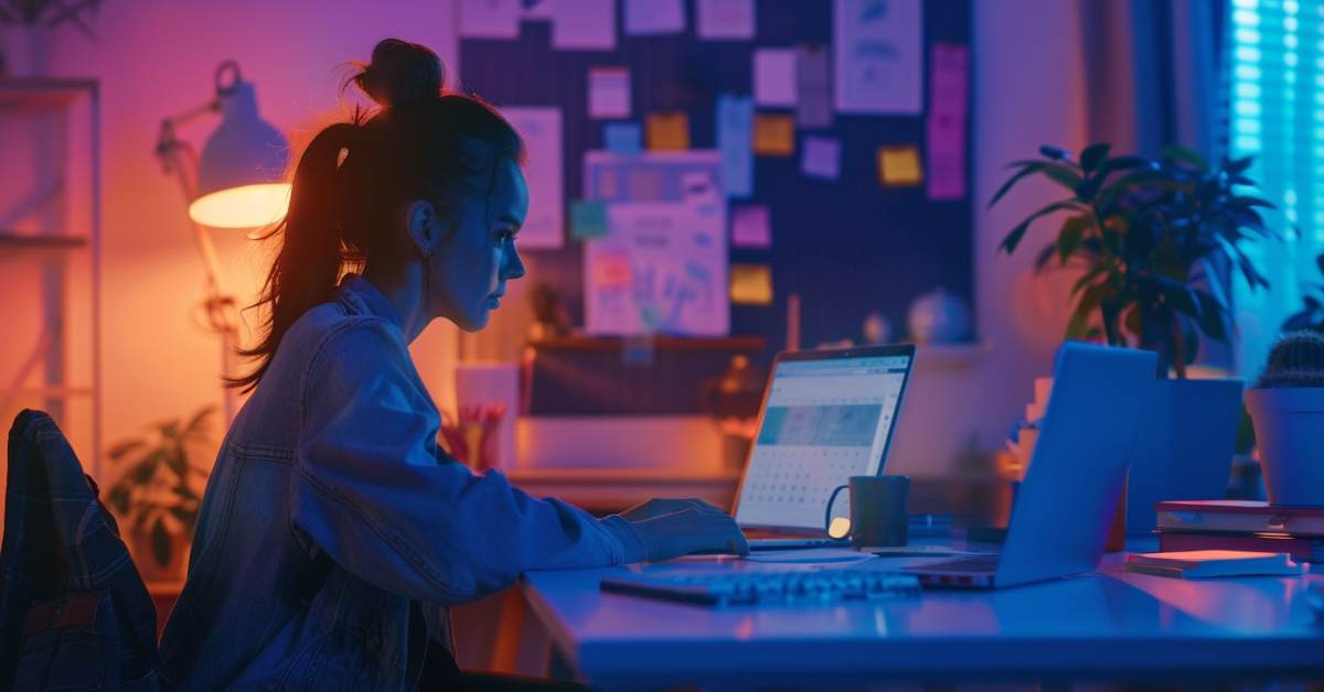 Person starting an online business while working full-time, balancing laptop and notepad, with a vision board in the background.