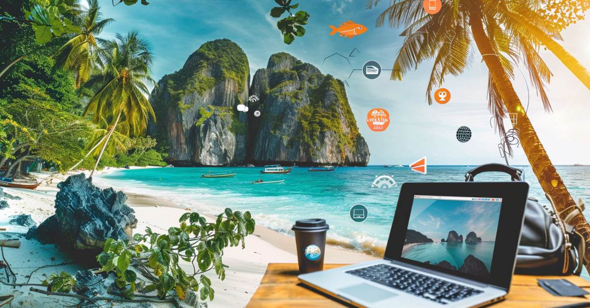 A digital nomad working on a laptop from a tropical beach in Southeast Asia, surrounded by palm trees and a golden sunset, representing the ultimate freedom blueprint.