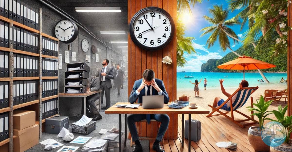 A split image contrasting a stressed person in a corporate office with a relaxed person working at a beachside café in Thailand, symbolizing the freedom of a digital business.