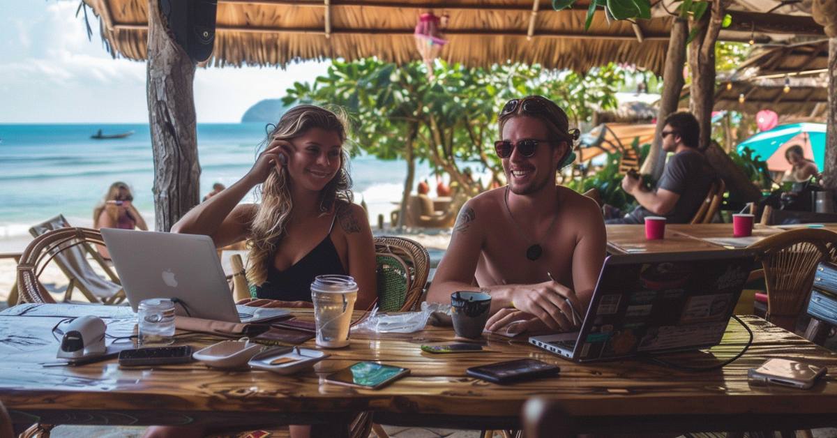 Couple at beach cafe working on their affiliate marketing business