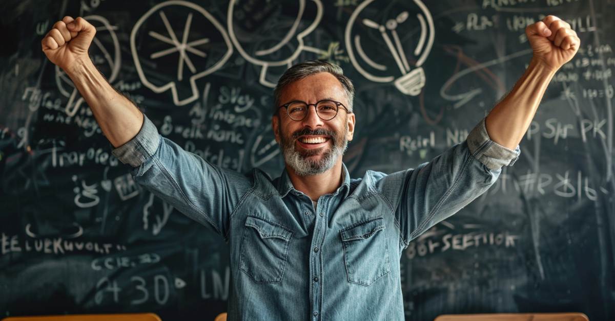 A man joyfully raises his arms in excitement about affiliate marketing, standing in front of a blackboard filled with beginner-friendly concepts.