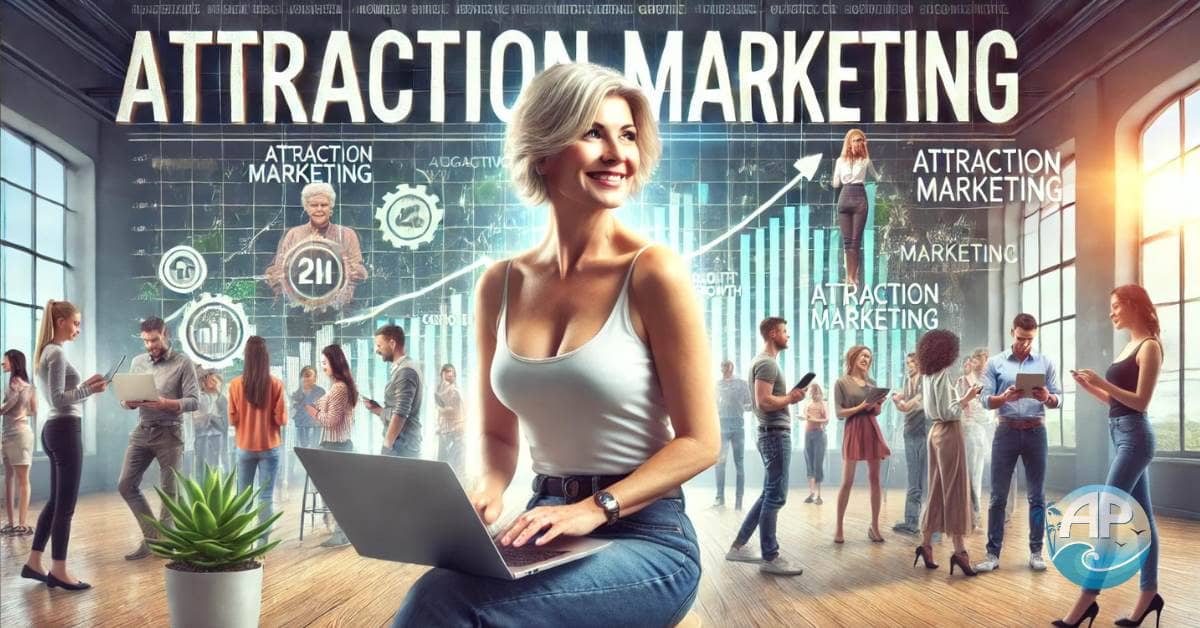 A middle-aged woman using the Attraction Marketing Formula, surrounded by people flocking to her content in a lively social media setting.