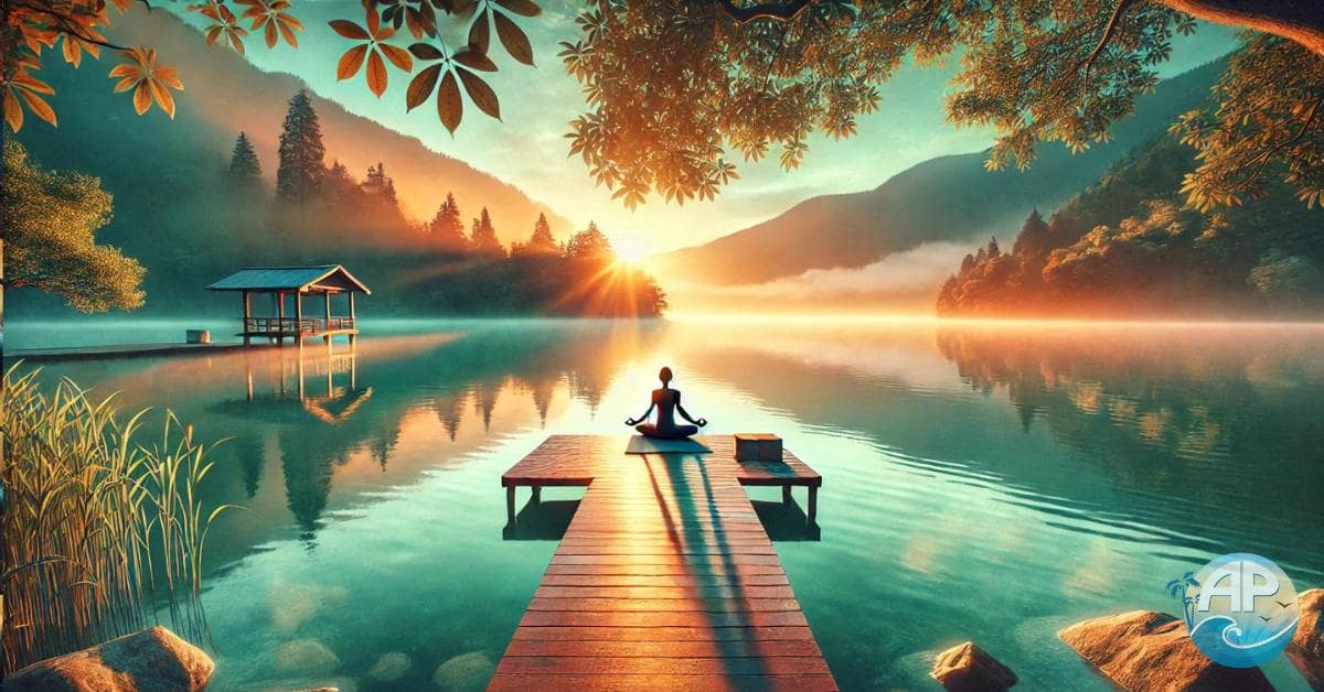 Person practicing yoga on a wooden platform over a tranquil lake at dawn, surrounded by vibrant yet subtle nature with trees and mountains in the background, representing a Balanced Lifestyle for Well-Being.