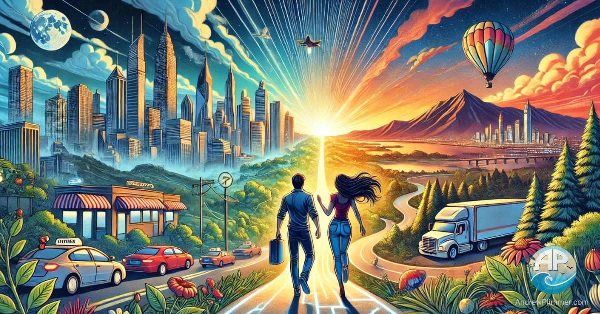 A couple walks away from a busy cityscape towards a tranquil, open landscape, symbolizing breaking free from the conventional path. The glowing digital roadmap they follow highlights their journey towards freedom and autonomy, contrasting the chaotic city with the serene beauty of nature.