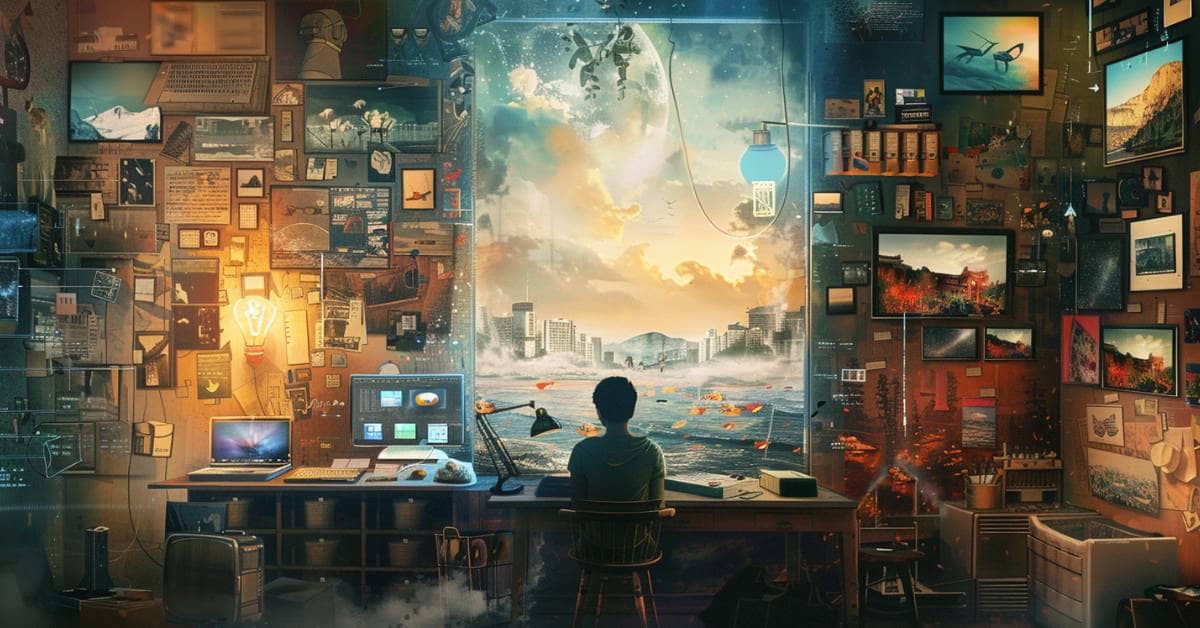 A collage of images showing a faceless man working remotely, building a digital asset without the need to recruit. The scenes include an exotic beach, a mountain cabin, a bustling café, and a room with digital screens, symbolizing freedom, flexibility, and long-term growth.