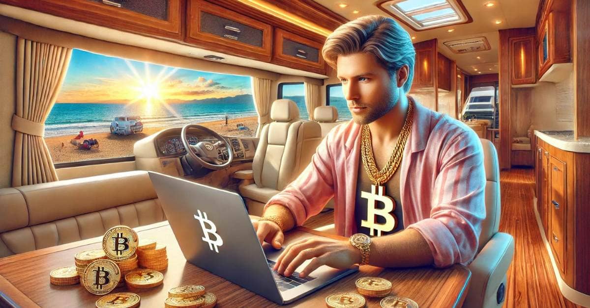 A young-looking middle-aged man working on his laptop inside a motorhome, with a beach backdrop, building a personal brand as his new digital currency. He wears a large gold necklace with a Bitcoin logo, symbolizing his prosperous brand