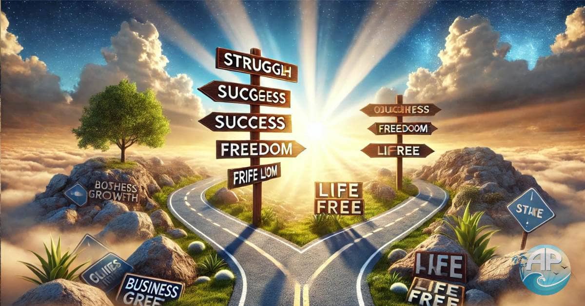 A realistic crossroads with signs pointing to 'Struggle,' 'Other Life,' 'Growth,' 'Success,' 'Freedom,' and 'Life Free,' symbolizing choosing the right path for business growth.