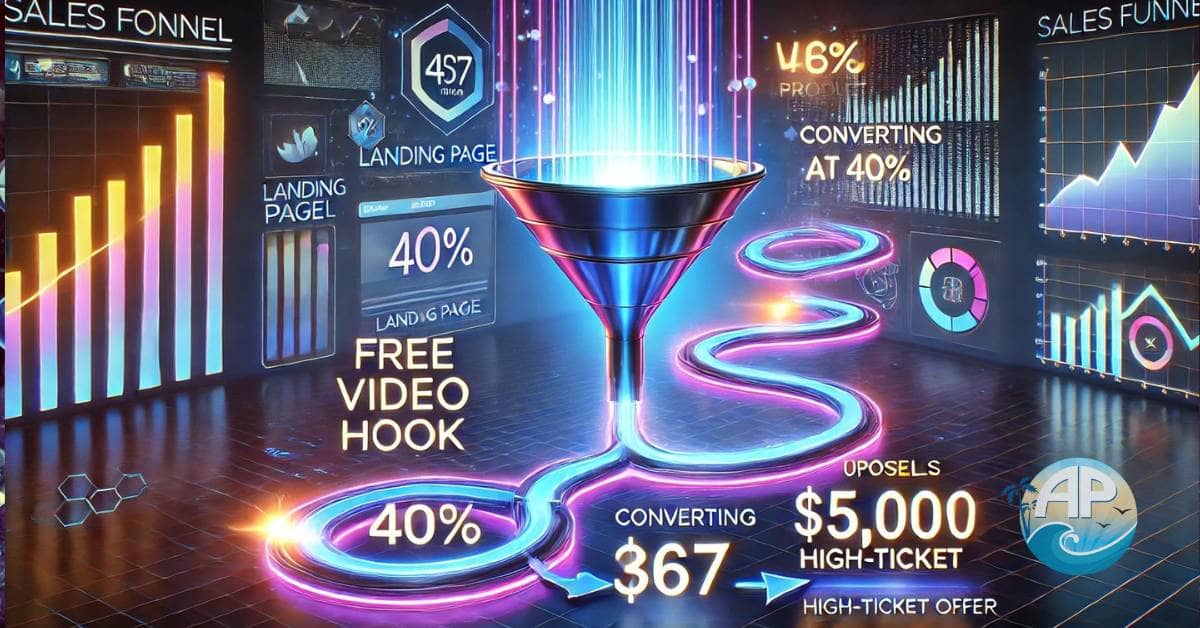 Futuristic sales funnel graphic showing the stages of a data-driven sales process, from lead capture to upsells.