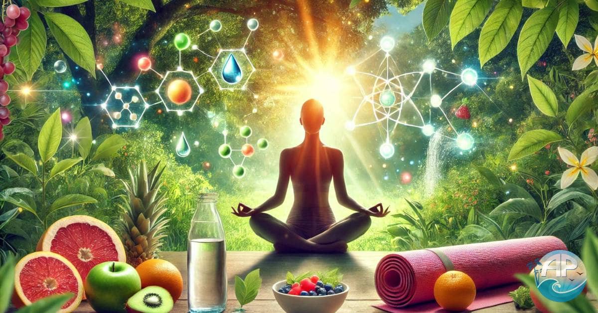 A serene individual meditating in a lush, natural environment surrounded by symbols of holistic health, including fresh fruits, pure water, yoga mats, and glowing redox molecules, representing balance and empowerment.