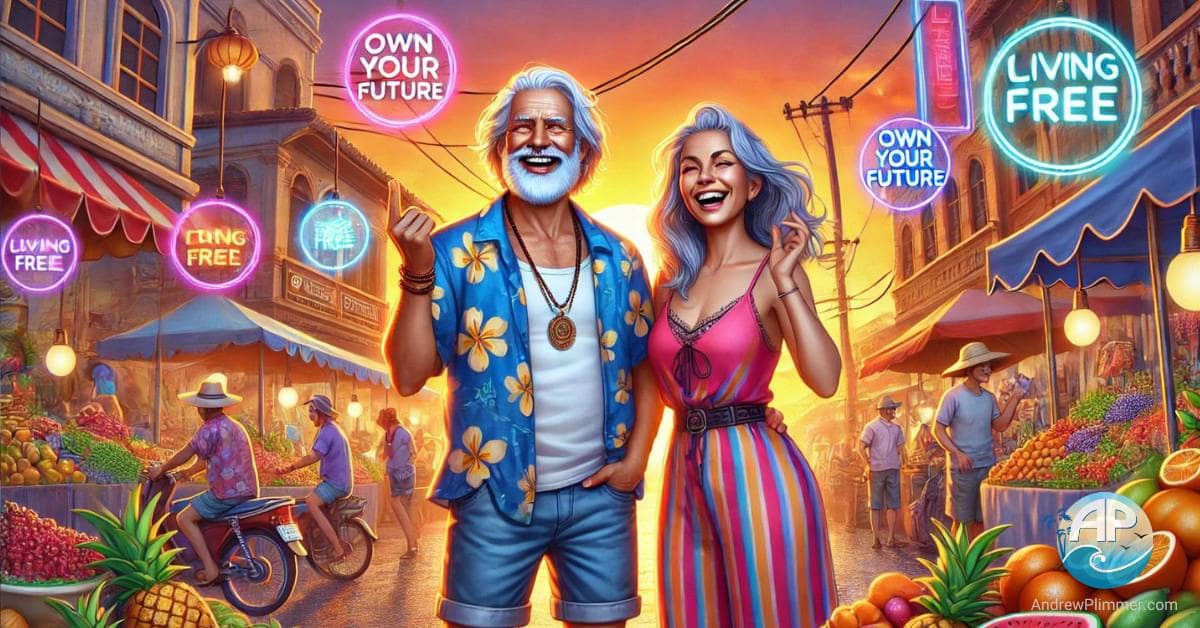 Cartoonish depiction of a vibrant older couple enjoying a lively street market at sunset, embodying how to craft a freedom-driven life by design, with digital elements representing freedom and future goals.