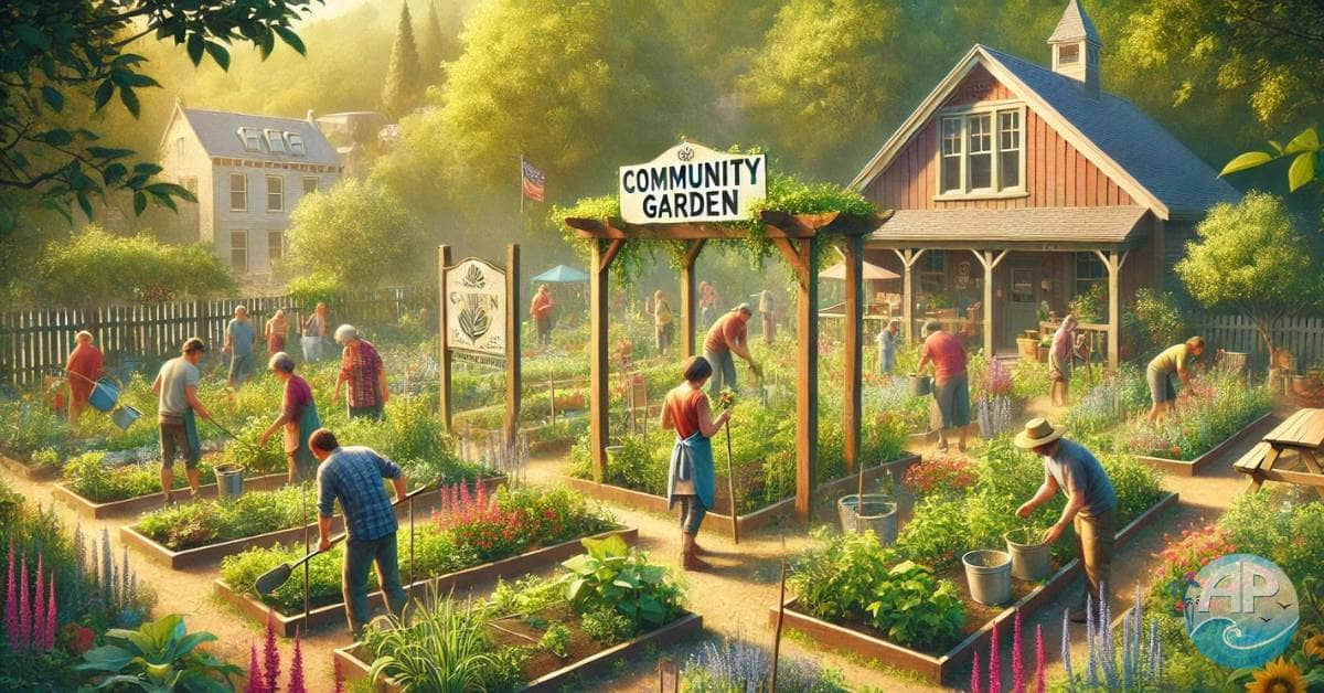 Neighbors working together in a vibrant community garden under a rustic wooden gantry with a 'Community Garden' sign