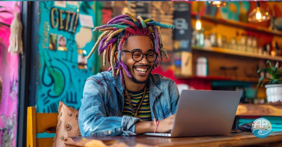 A happy man with colorful dreadlocks sitting at a desk with a laptop, radiating passion and fulfillment.