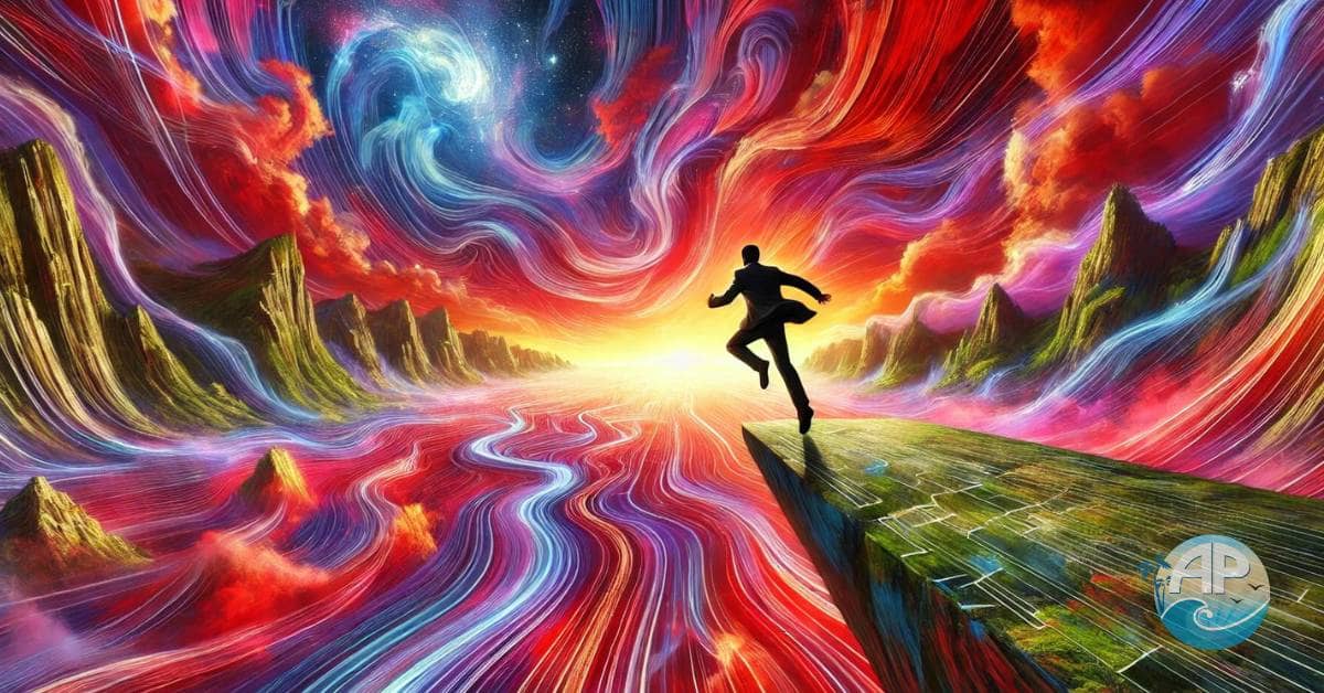 A person stepping off a cliff into a vibrant, surreal landscape of swirling colors and abstract paths below, symbolizing the power of taking imperfect action and