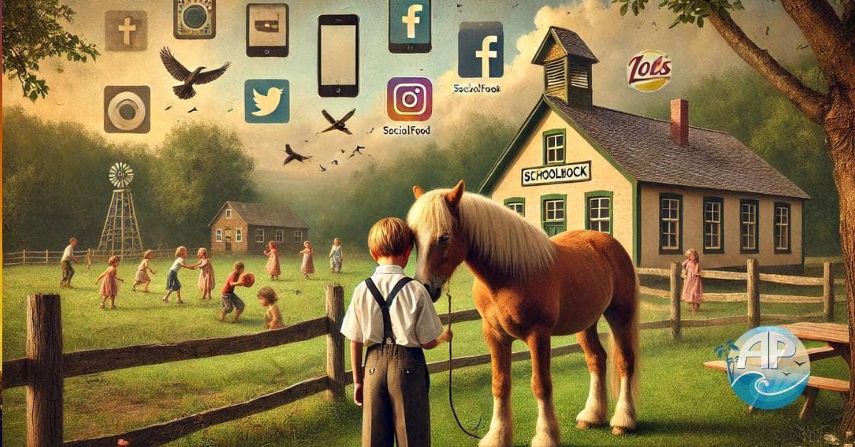 A young boy stands beside his dun-colored horse in a green school paddock with an old-fashioned schoolhouse in the background. Subtle symbols of the modern world, like smartphones and fast food signs, are blended into the scene.