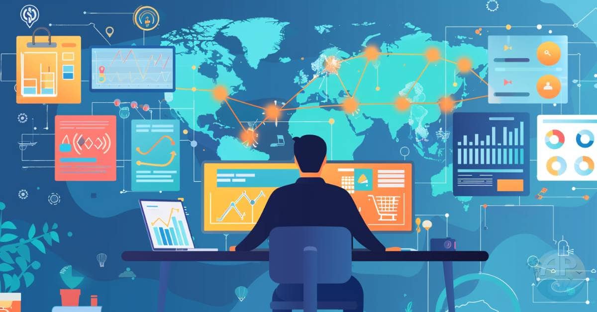 Man sitting at desk working through a step-by-step affiliate marketing guide, with vibrant icons of niches, digital assets, and income growth displayed in the background. Digital world map and progress charts represent the scalability and flexibility of affiliate marketing.