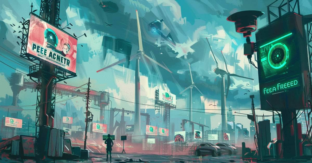 A dystopian city with wind turbines and solar panels overshadowed by surveillance and control systems, symbolizing The Climate Change Deception.