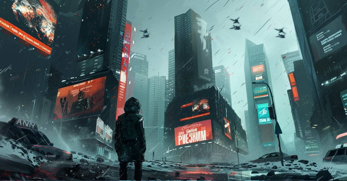 A lone figure stands at the edge of a city, ready to fight for freedom amidst looming surveillance.