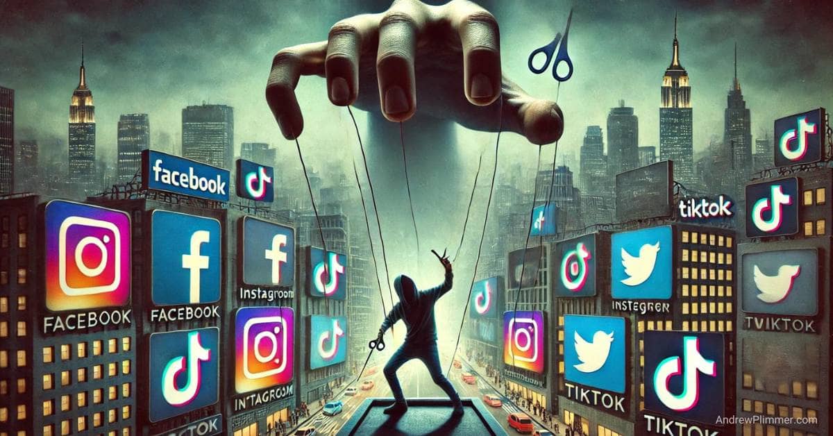 A puppet-like figure in a cityscape cutting strings attached to social media icons, symbolizing the struggle to break free from the unseen forces shaping your life.