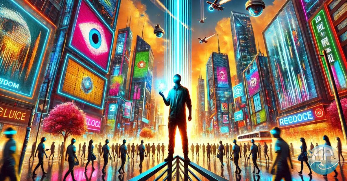 Vibrant dystopian cityscape with surveillance and a lone figure holding a glowing symbol of freedom.