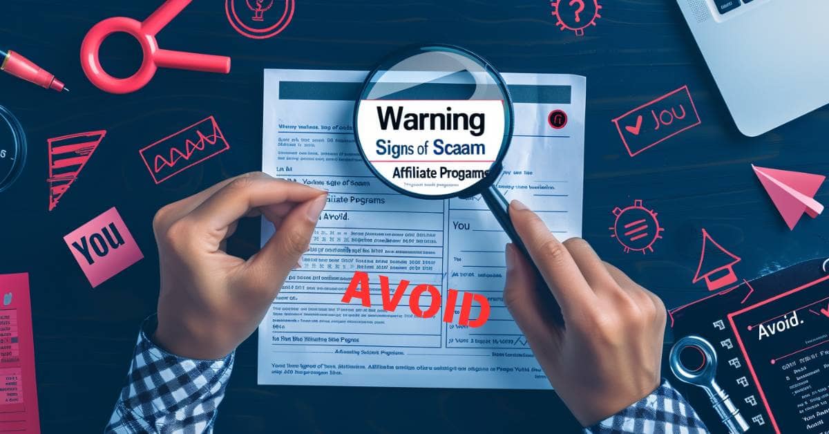 Person examining a contract with a magnifying glass surrounded by warning symbols, representing scam affiliate programs.