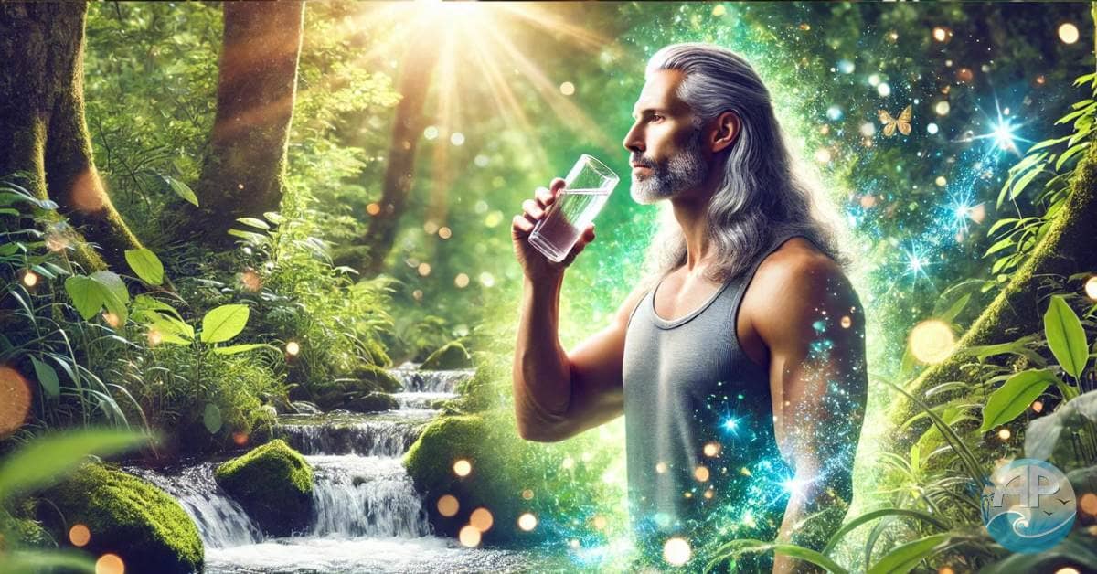 A serene natural setting featuring a fit, middle-aged man with long grey hair drinking water, surrounded by vibrant greenery and sparkling water under abundant sunlight, symbolizing the rejuvenating effects of water fasting.