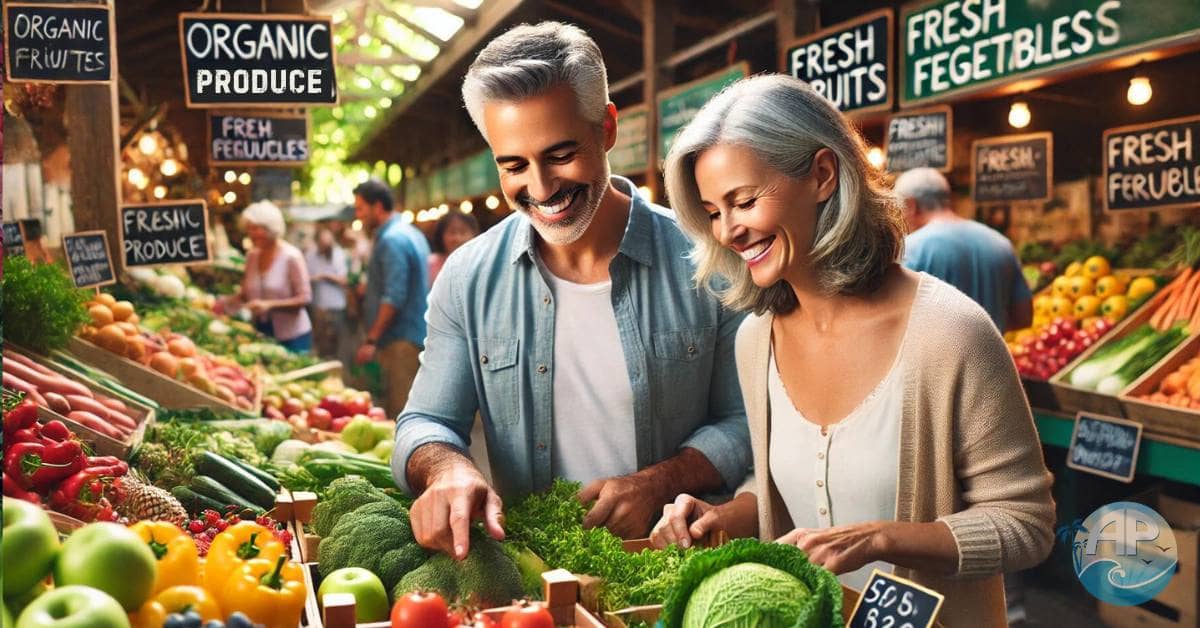 A happy, healthy middle-aged couple browsing fresh produce at a lively farmers market. Signs indicate stalls like 'Organic Produce,' 'Fresh Fruits,' and 'Local Vegetables,' highlighting a whole food diet.