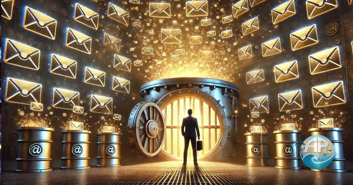 Entrepreneur standing in front of a glowing email inbox inside a vault, symbolizing the value of an email list as a digital asset, with text reading "Why Your Email List is Your Most Valuable Digital Asset.