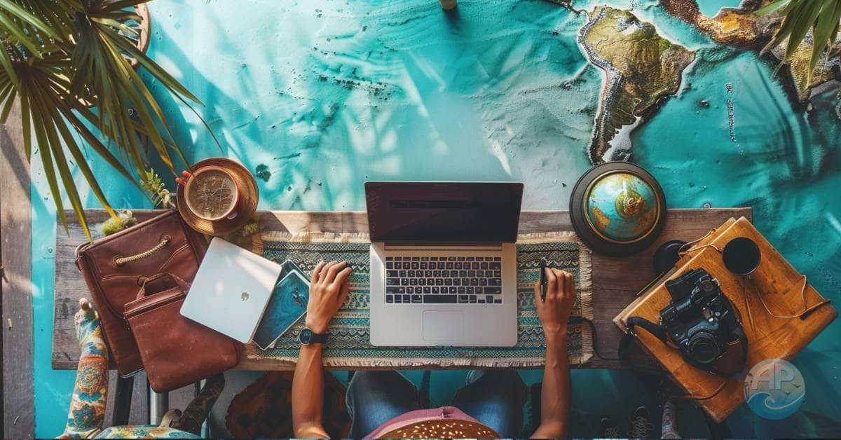 A digital nomad’s workspace showcasing a freedom-first online business. Scenes include a beach in Bali, a Parisian café, and a modern home office, highlighting flexibility and autonomy.