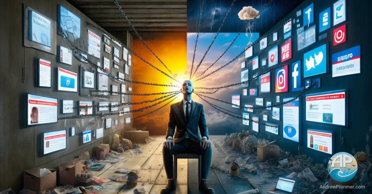 Question Everything: A realistic depiction of a person breaking free from media control, symbolizing the need to question everything.