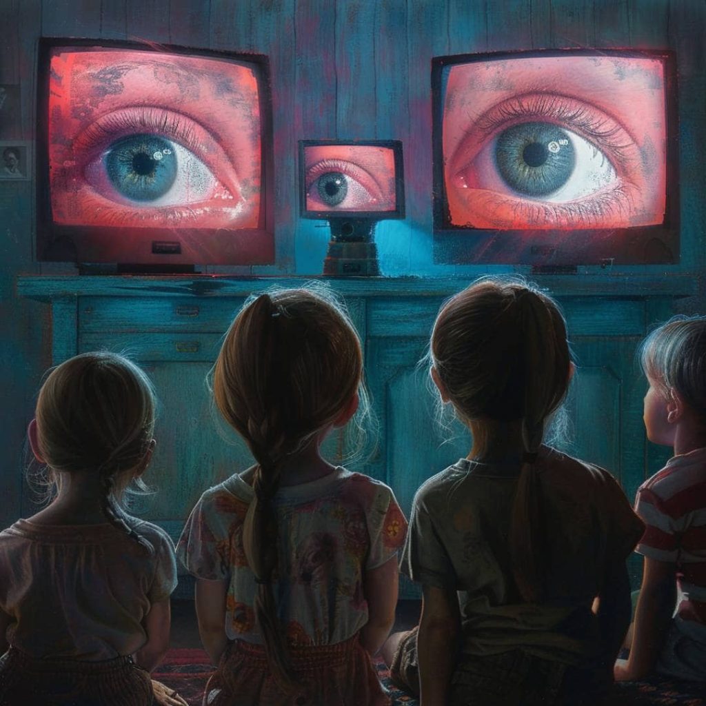 Children in a futuristic classroom, mesmerized by screens displaying transgender propaganda, while shadowy figures manipulate the scenes in the background.