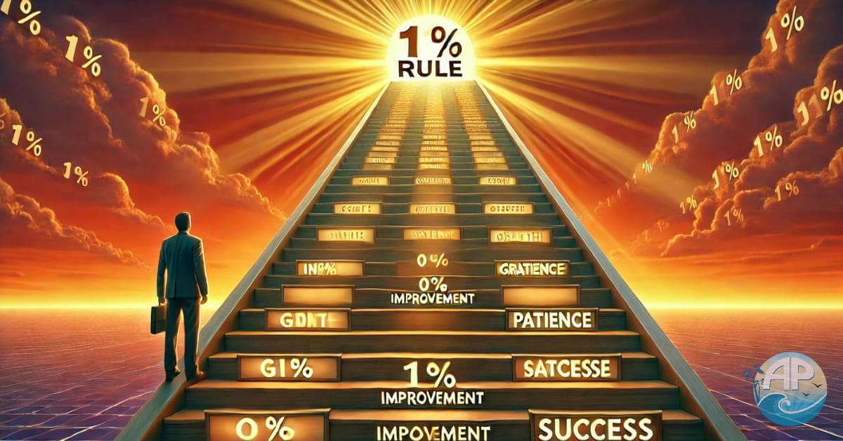 A staircase representing the 1% Rule, with glowing steps labeled '1% improvement,' 'growth,' and 'success,' leading to a bright horizon.