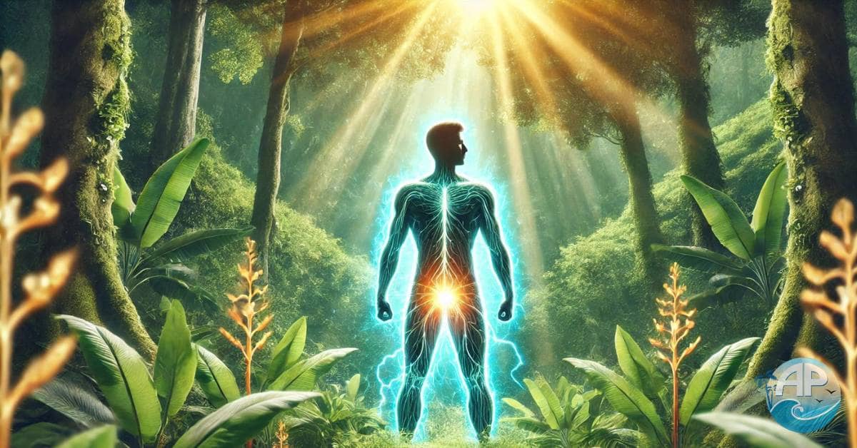 Man standing in a lush forest, glowing energy beams flowing from plants into his body, symbolizing beta-sitosterol for prostate health.