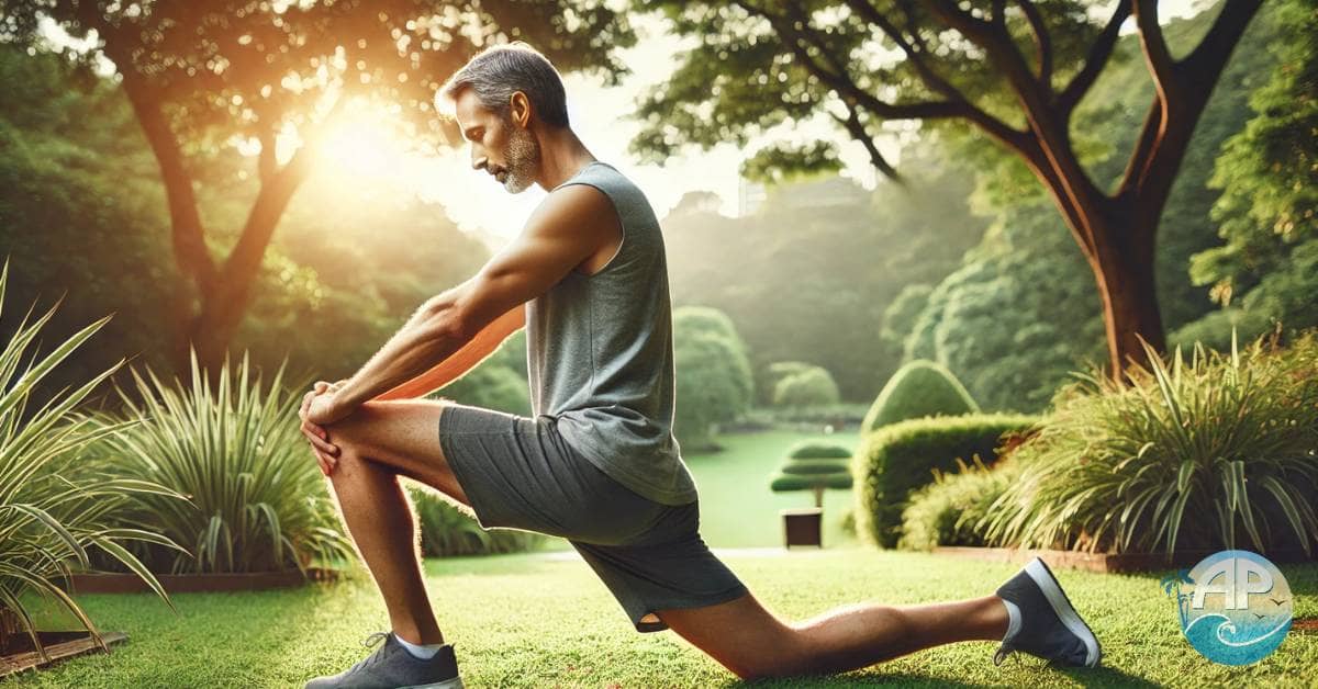 Middle-aged man performing stretching exercises in a park, emphasizing exercise for prostate health.