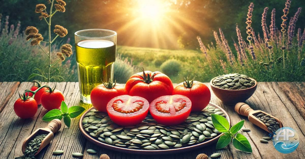 A plate of prostate-friendly foods including tomatoes, green tea, and pumpkin seeds on a wooden table.