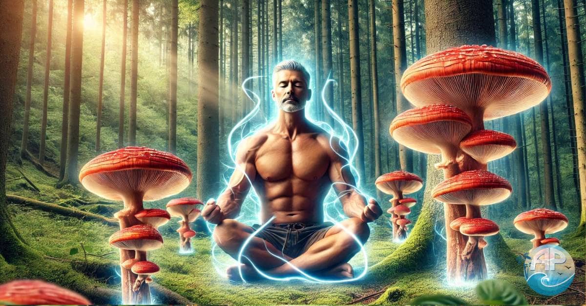 Man meditating in the forest with glowing Reishi mushrooms, symbolizing the healing power of Ganoderma for prostate health.