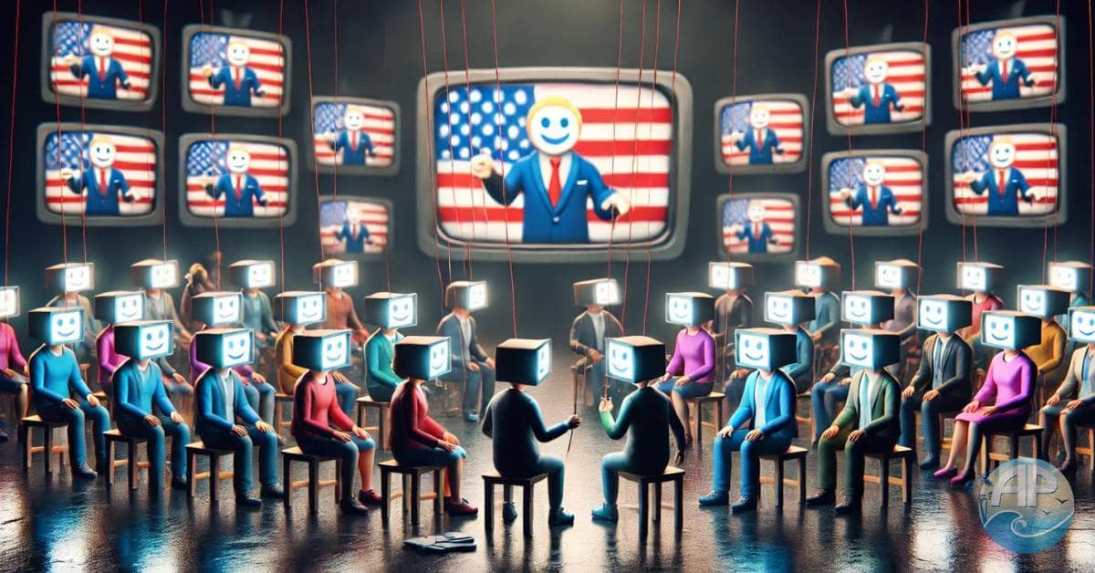 NPCs watching political figures controlled by puppet masters, symbolizing intentionally concealed agendas.